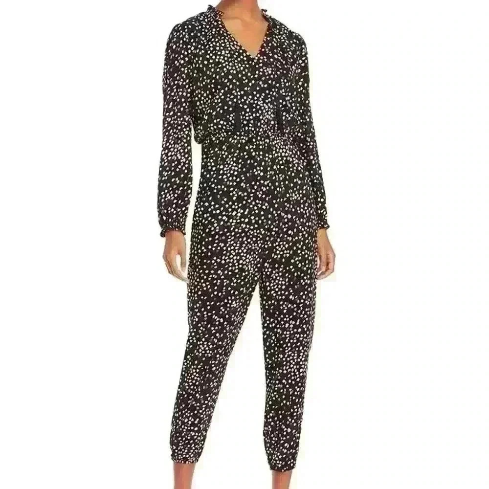 NWT aqua Bloomingdale’s black caramel and ivory speckled jumpsuit sz L